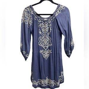 POUPETTE ST BARTH Women’s Blue + white Embroidered Off Shoulder Mini Dress Small